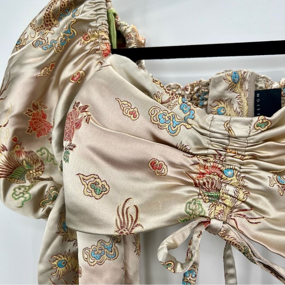 ASOS Design Puff Sleeve Top Champagne Jacquard Tank Asian Dragon Cropped US 6 - Picture 6 of 9